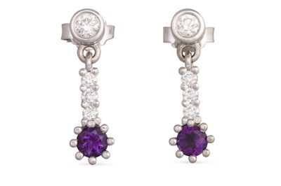 Lot 20 - A PAIR OF DIAMOND AND AMETHYST DROP EARRINGS,...