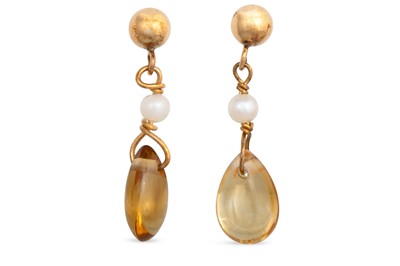 Lot 22 - A PAIR OF CITRINE AND PEARL DROP EARRINGS, to...