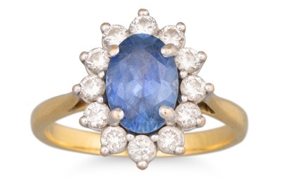 Lot 361 - A SAPPHIRE AND DIAMOND CLUSTER RING, mounted...