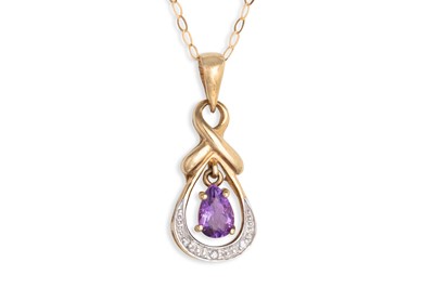 Lot 102 - AN AMETHYST AND DIAMOND PENDANT, the pear...