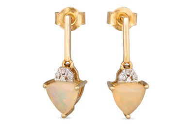 Lot 129 - A PAIR OF OPAL AND DIAMOND DROP EARRINGS,...