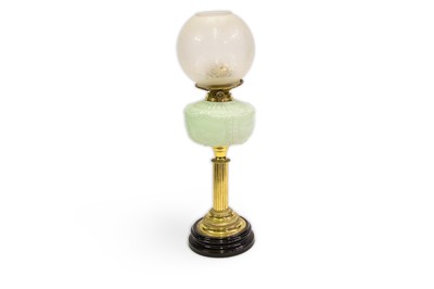 Lot 229 - A VICTORIAN OIL LAMP, turquoise glass resevoir...