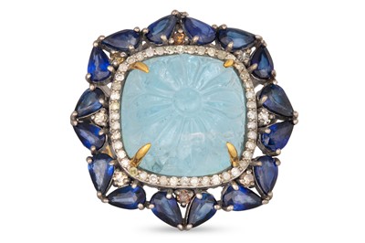 Lot 9 - AN AQUAMARINE, SAPPHIRE AND DIAMOND CLUSTER...