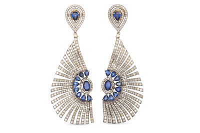 Lot 10 - A PAIR OF SAPPHIRE AND DIAMOND EARRINGS, fan...