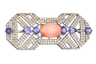 Lot 11 - A CORAL, DIAMOND AND TANZANITE BROOCH, in Art...