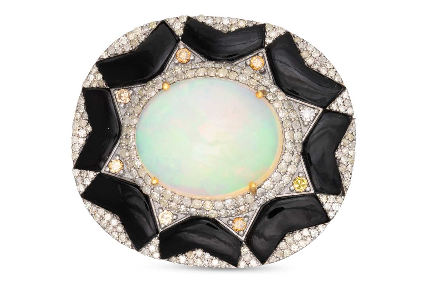 Lot 20 - AN OPAL, ONYX AND DIAMOND BROOCH, central opal...