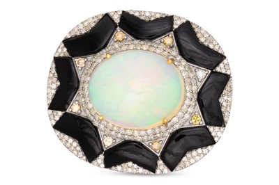Lot 20 - AN OPAL, ONYX AND DIAMOND BROOCH, central opal...