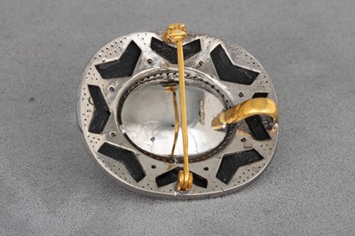 Lot 20 - AN OPAL, ONYX AND DIAMOND BROOCH, central opal...