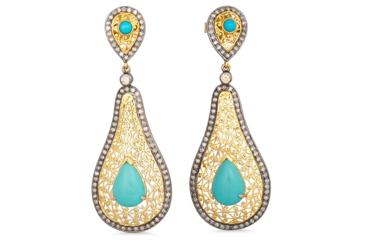 Lot 21 - A PAIR OF TURQUOISE AND DIAMOND DROP EARRINGS,...