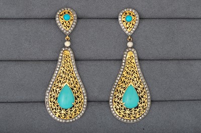 Lot 21 - A PAIR OF TURQUOISE AND DIAMOND DROP EARRINGS,...