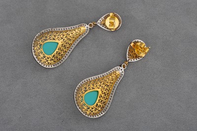 Lot 21 - A PAIR OF TURQUOISE AND DIAMOND DROP EARRINGS,...