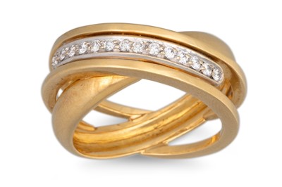 Lot 42 - A DIAMOND CROSS-OVER BAND RING, mounted in...