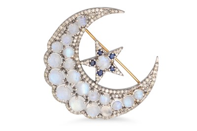 Lot 152 - A MOONSTONE AND DIAMOND SET CRESCENT AND STAR...