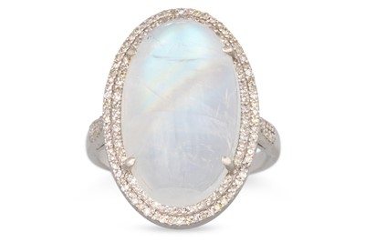 Lot 153 - A RAINBOW MOONSTONE AND DIAMOND CLUSTER RING,...