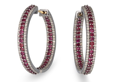Lot 156 - A PAIR OF RUBY AND DIAMOND HOOP EARRINGS,...