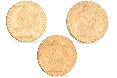 Lot 448 - THREE X FRENCH 20 FRANC GOLD COINS, dated 1909,...