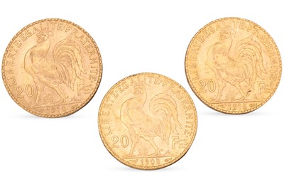 Lot 449 - THREE X FRENCH 20 FRANC GOLD COINS, dated 1908,...