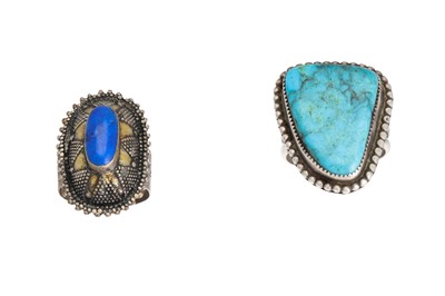 Lot 316 - A SILVER TURQUOISE SET RING, together with a...