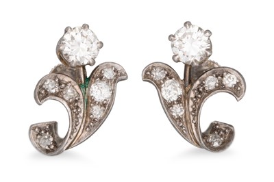 Lot 179 - A PAIR OF DIAMOND EARRINGS, of floral spray...