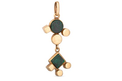 Lot 149 - AN ABSTRACT FORM STONE SET PENDANT, in 14ct...