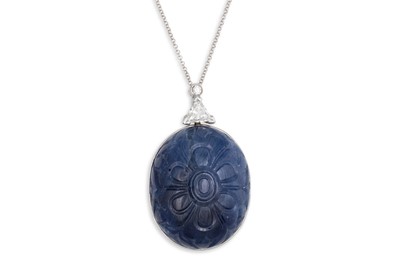 Lot 350 - A SAPPHIRE AND DIAMOND PENDANT, the large...