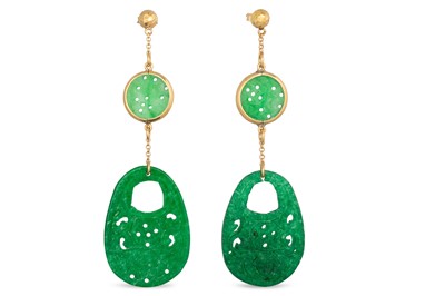 Lot 363 - A PAIR OF GREEN JADE DROP EARRINGS, the carved...