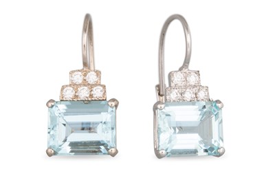 Lot 364 - A PAIR OF AQUAMARINE AND DIAMOND EARRINGS, the...