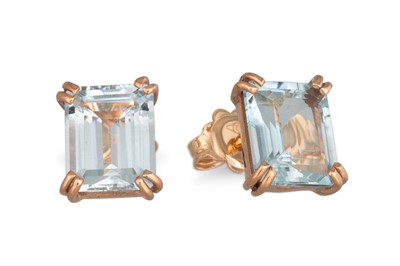 Lot 365 - A PAIR OF AQUAMARINE EARRINGS, the rectangular...