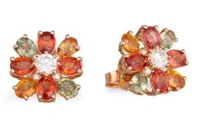 Lot 366 - A PAIR OF COLOURED SAPPHIRE AND DIAMOND...