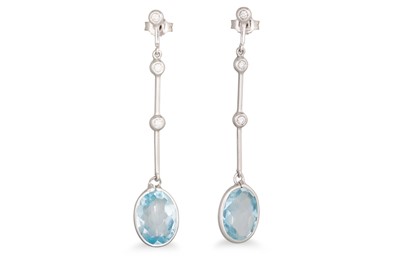 Lot 367 - A PAIR OF BLUE TOPAZ AND DIAMOND DROP EARRINGS,...