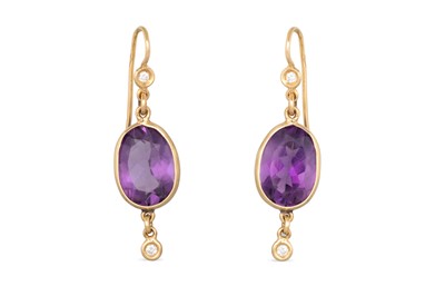 Lot 369 - A PAIR OF DIAMOND AND AMETHYST DROP EARRINGS,...