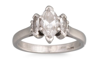 Lot 115 - A THREE STONE DIAMOND RING, the marquise cut...