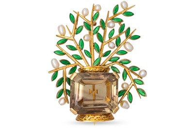 Lot 24 - AN UNUSUAL VINTAGE ENAMEL, CITRINE AND PEARL...