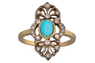 Lot 52 - A VINTAGE TURQUOISE AND DIAMOND RING, of...