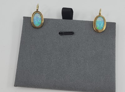 Lot 58 - A PAIR OF 14CT GOLD SYNTHETIC OPAL EARRINGS, 3....