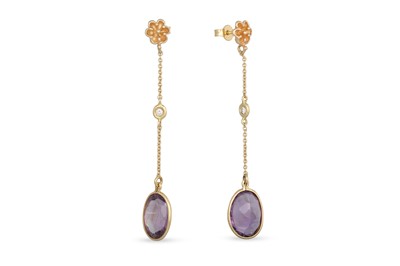 Lot 63 - A PAIR OF AMETHYST AND DIAMOND DROP EARRINGS,...