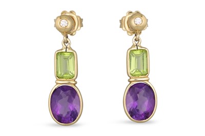 Lot 72 - A PAR OF AMETHYST, PERIDOT AND DIAMOND DROP...