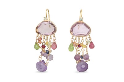 Lot 86 - A PAIR OF AMETHYST AND PERIDOT CHANDELIER DROP...