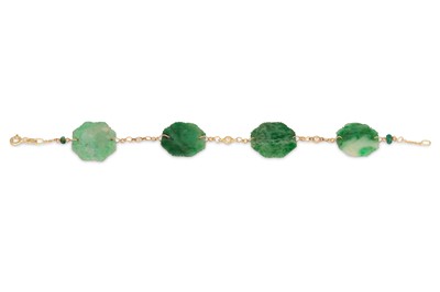 Lot 98 - A JADE AND DIAMOND BRACELET, the caved jade...