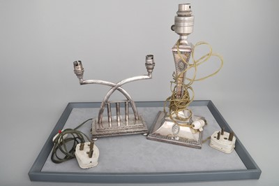 Lot 581 - TWO ANTIQUE SILVER PLATED TABLE LAMPS, with...
