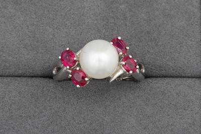 Lot 108 - A PEARL AND RUBY CLUSTER RING, mounted in 14ct...