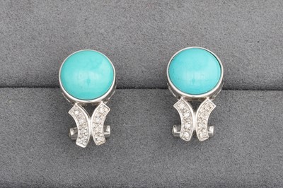 Lot 7 - A PAIR OF TURQUOISE AND DIAMOND EARRINGS,...
