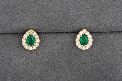 Lot 93 - A PAIR OF EMERALD AND DIAMOND EARRINGS,...
