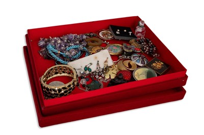 Lot 411 - A BOX OF ASSORTED COSTUME JEWELLERY AND...