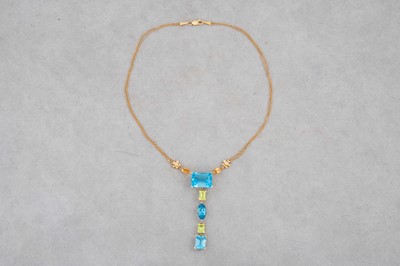 Lot 151 - A BLUE TOPAZ, PERIDOT AND CITRINE DROP PENDANT,...