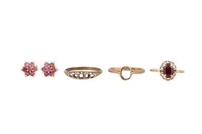 Lot 151 - THREE 9CT GOLD RINGS, together with a pair of...