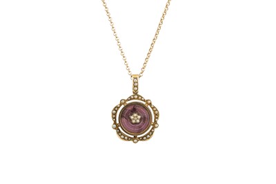 Lot 17 - AN ANTIQUE ENAMEL AND PEARL PENDANT, of shaped...