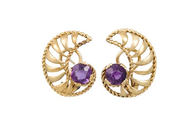 Lot 31 - A PAIR OF AMETHYST EARRINGS, shaped open work...