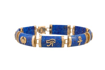 Lot 34 - A LAPIZ LAZULI BRACELET, 9ct yellow gold mounts