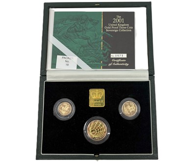 Lot 385 - A 2001 MARCONI GOLD PROOF SOVEREIGN THREE COIN...